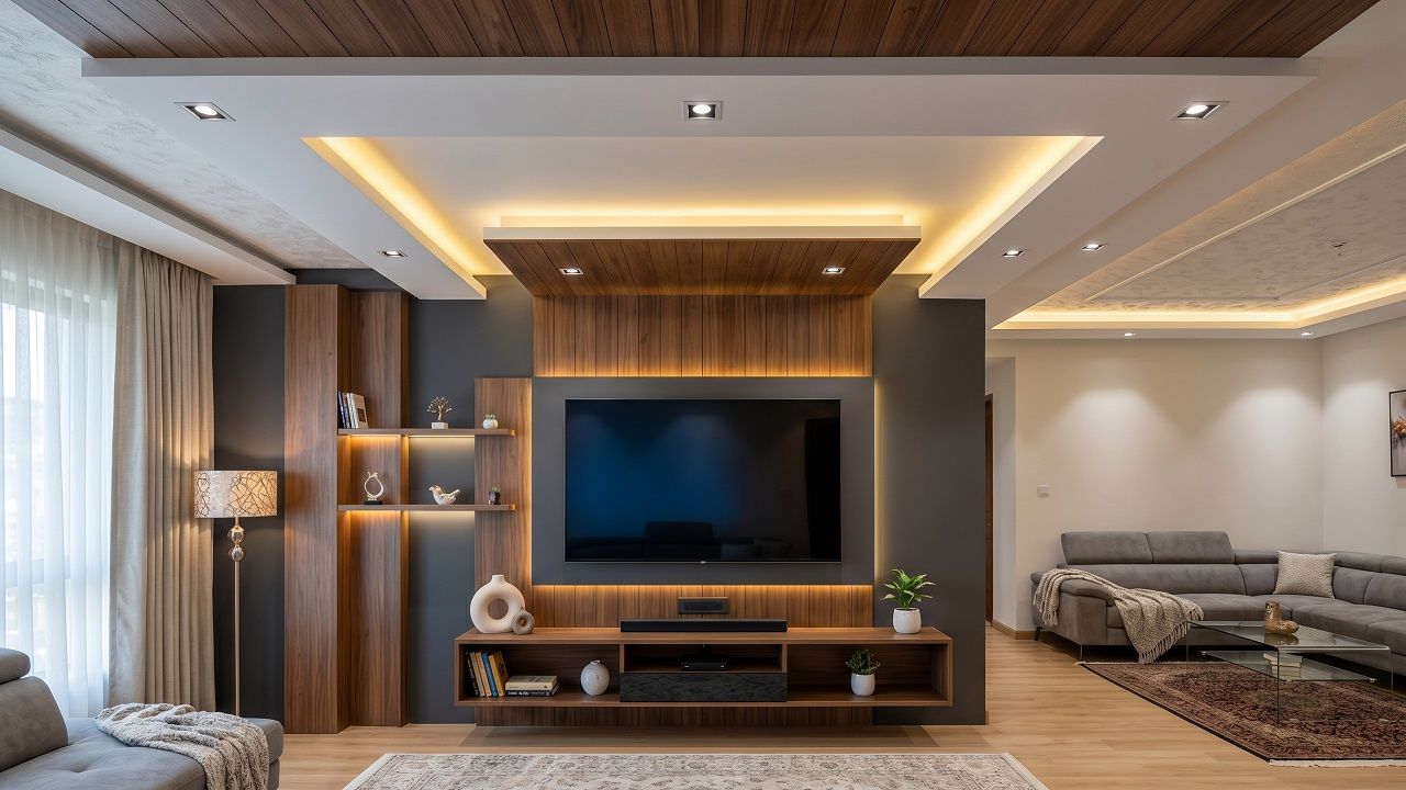 11 False Ceiling Designs for Living Room with TV Unit Integration