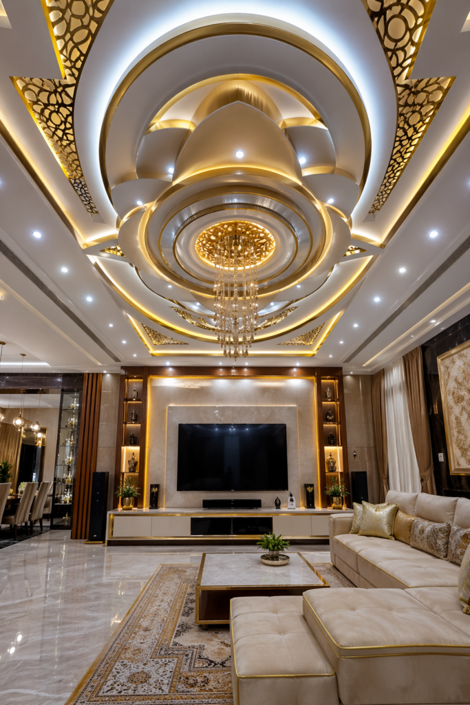 False Ceiling Designs for Living Room with TV Unit Integration