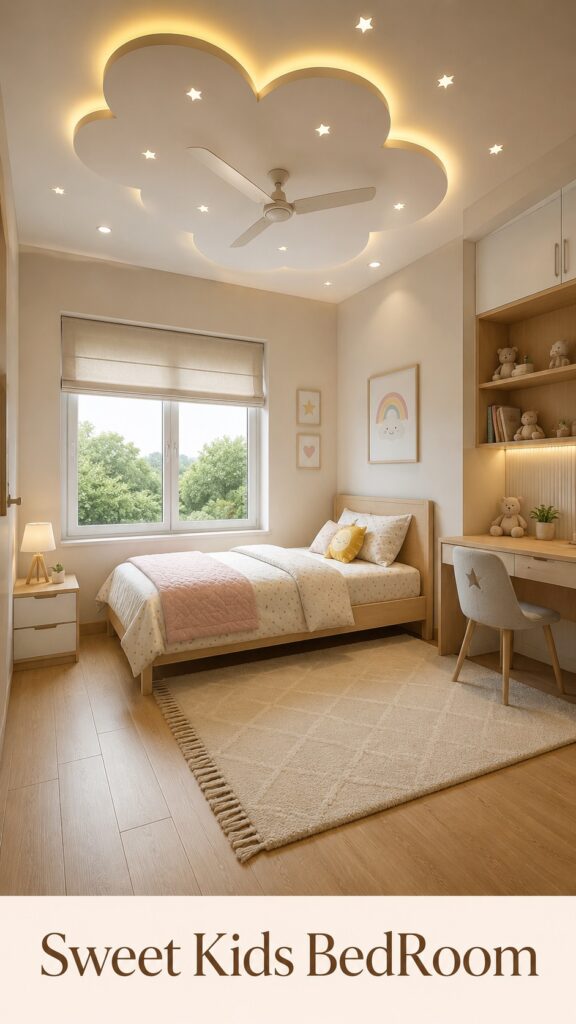 Extended False Ceiling Panels That Pull the Eye Up in Small Bedrooms