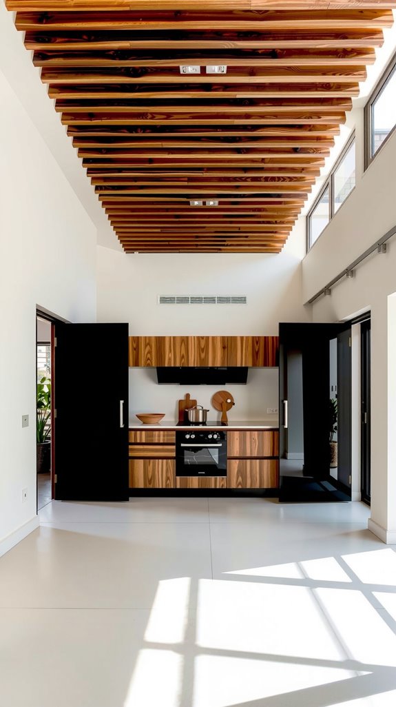 wooden slats define kitchen