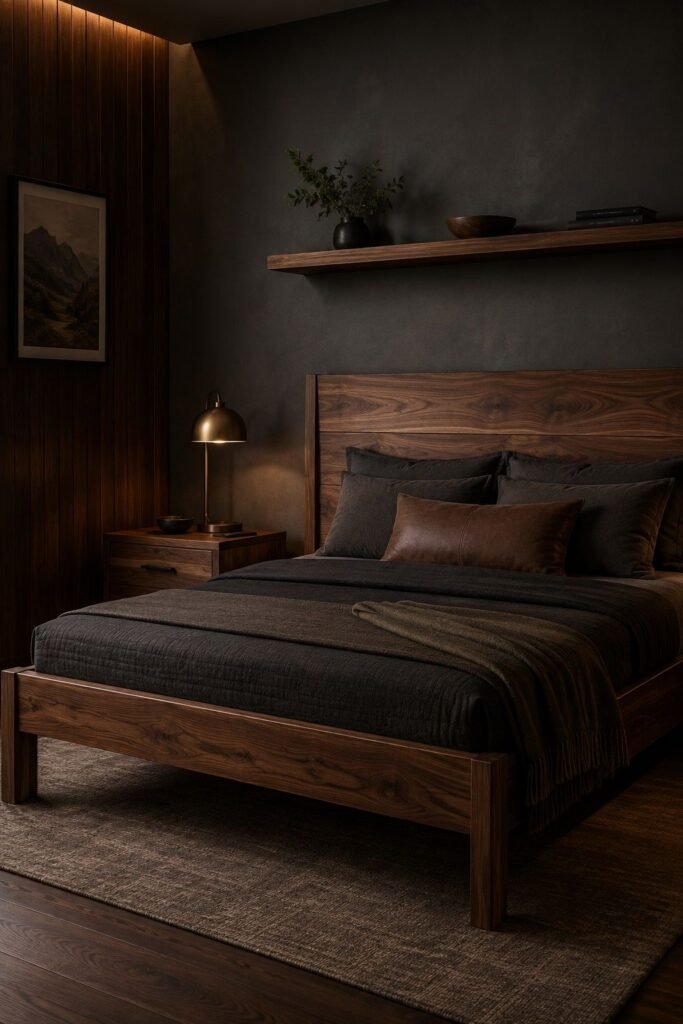 Dark wood is the second material anchor.