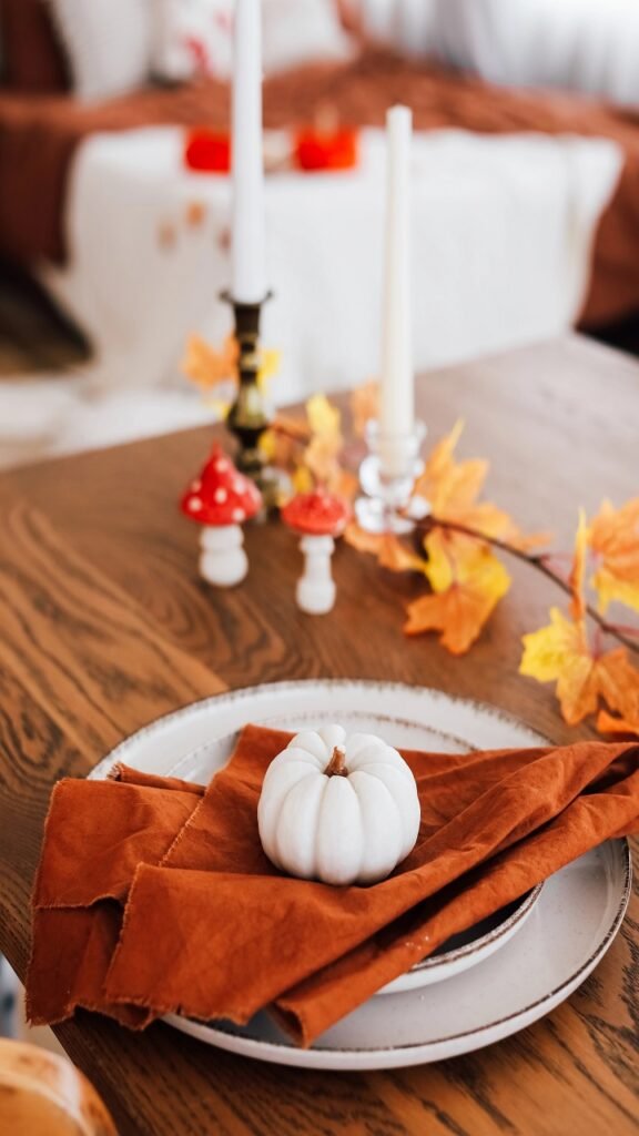Wooden Tray with Candles and Gourds